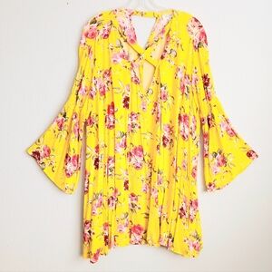 Umgee Swing Dress Women's Size Small Oversize Yellow & Pink Floral Romantic Boho